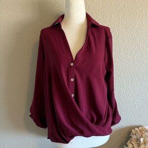 Chic Burgundy Surplice Blouse